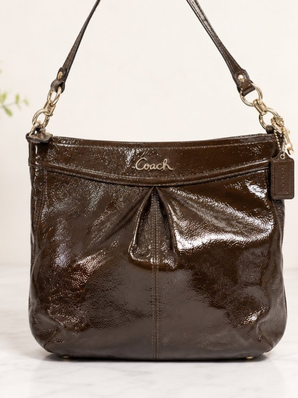 Coach Ashley Patent Leather Shoulder Bag Brown F20462 Crossbody Strap EUC